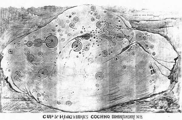 Desenho das marcações Cup & Ring na Cochno Stone em West Dunbartonshire por W. A. ​​Donnelly, datado de 1895.Publicado em 1896 por John Bruce