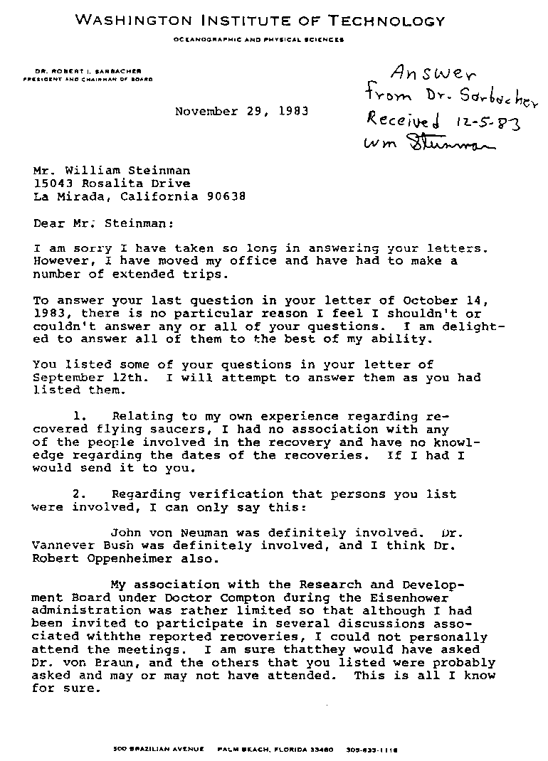 Dr. Robert Irving Sarbacher UFO letter1